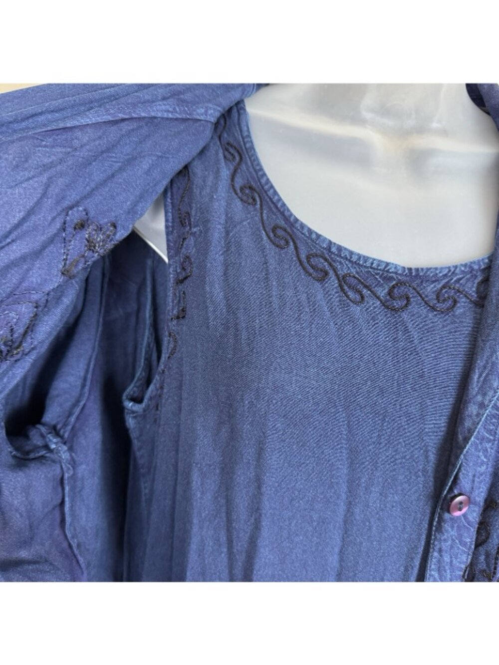 MPH Collection VTG  2 Piece Boho L  Maxi Dress Embroidered Hippie Blue Overcoat - Picture 5 of 12